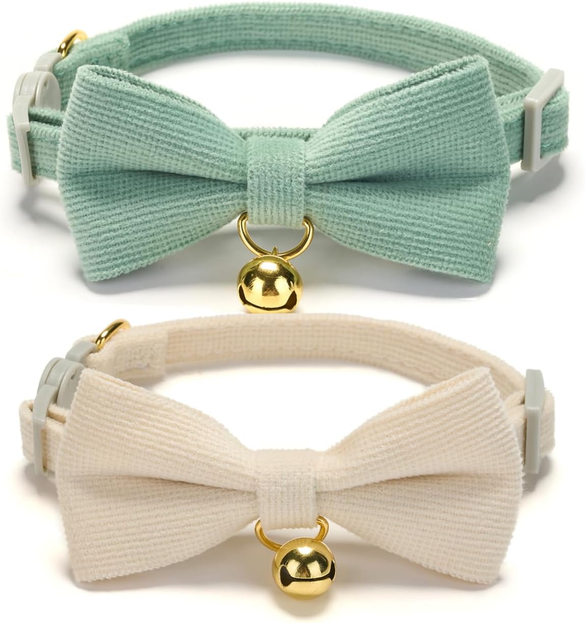 2 Pack Soft Corduroy Cat Collars with Bow Tie & Bell, Adjustable Breakaway Cotton Kitty Bowtie
