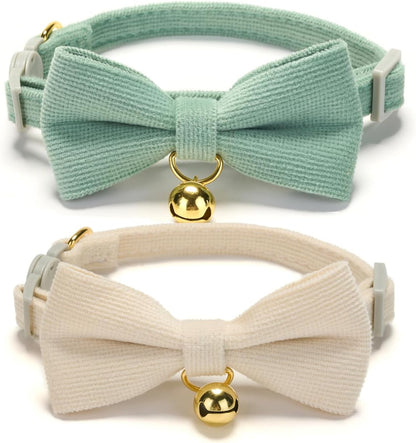 2 Pack Soft Corduroy Cat Collars with Bow Tie & Bell, Adjustable Breakaway Cotton Kitty Bowtie
