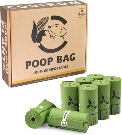 Certified Compostable Dog Poop Bags, 120 Count Landfill Friendly and Leakproof Waste Bags, Easy