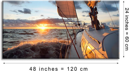Yacht Sailing in Sea at Sunset Scenery Canvas Wall Art for Living Room Bathroom,Close-up View of