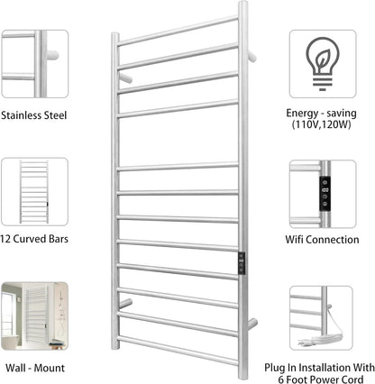 KEG Smart WiFi Towel Warmer Wall Mounted with Built-in Timer and Temperature Adjust Control, 12