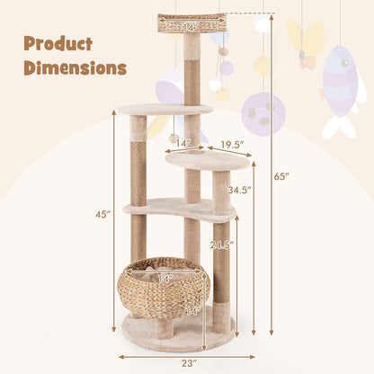 PETSITE 65 inch Cattail Cat Tree Tower, Multi-Level Cat Tower with Natural Jute Scratching Posts