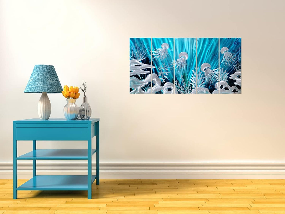 SYGALLERIER Jelly Fish Large Metal Wall Art Hand Grind Aluminum Artwork 3D Undersea World Coastal