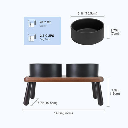 SPUNKYJUNKY Ceramic Elevated Dog Bowls Raised with Acacia Bamboo Wooden Stand, 6.1'' Dog and Cat