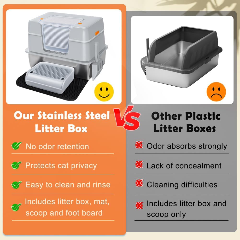 Vivifying Stainless Steel Litter Box with Lid, XL Side Entry Extra Large Litter Box for Big Cats &