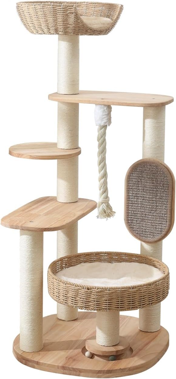 Wooden Cat Tree for Large Cat, 49.6-Inch Tall Cat Tower with Scratching Post for Indoor Cats