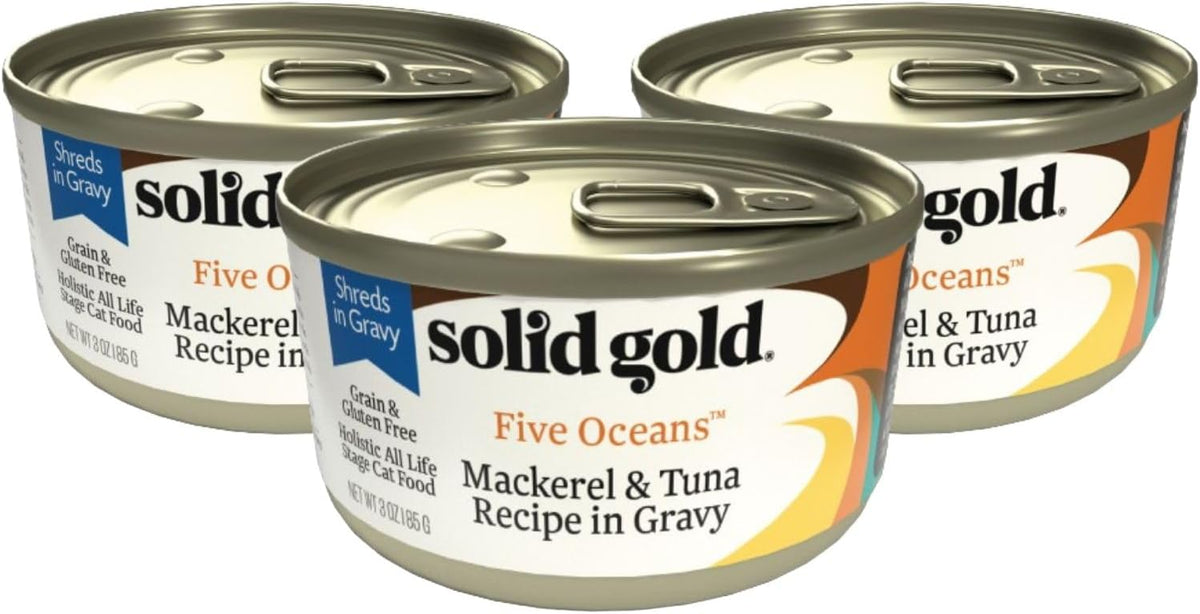Five Oceans Solid Gold Wet Cat Food Shreds in Gravy - 3 Count Sample Pack - Real Tuna & Mackerel