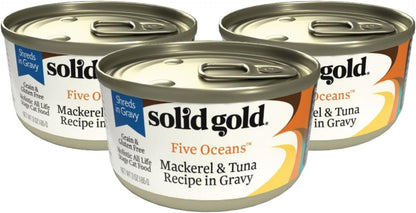 Five Oceans Solid Gold Wet Cat Food Shreds in Gravy - 3 Count Sample Pack - Real Tuna & Mackerel