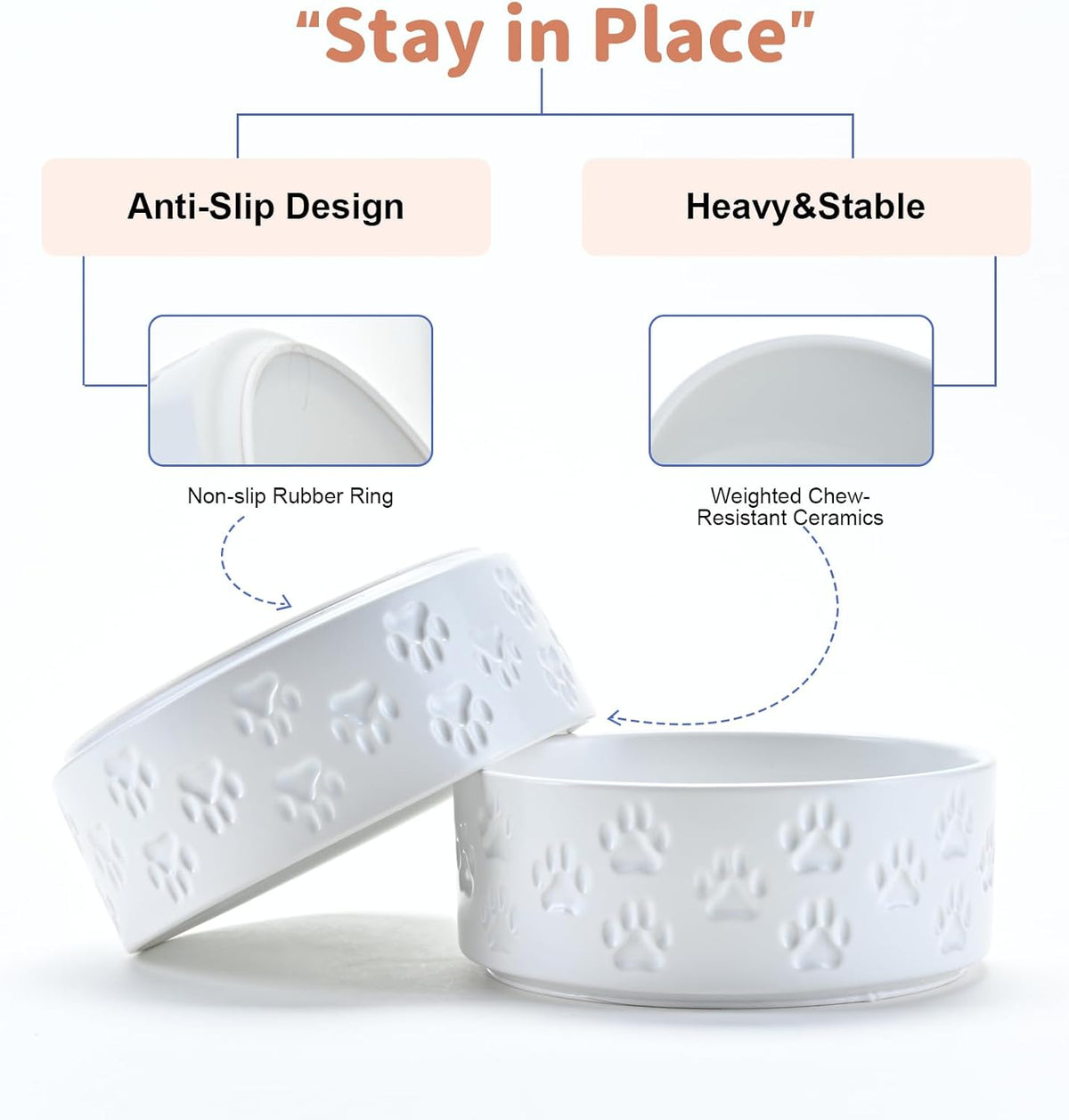 SPUNKYJUNKY Ceramic Dog and Cat Bowls 2 Pack, 5.1'' Dog and Cat Food Water Double Feeding Bowls