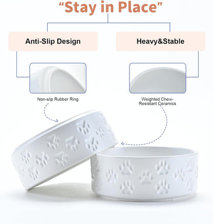 SPUNKYJUNKY Ceramic Dog and Cat Bowls 2 Pack, 5.1'' Dog and Cat Food Water Double Feeding Bowls
