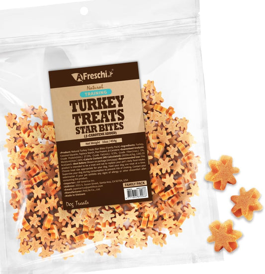 AFreschi Natural Turkey Treats Star Bites –16 oz, Hexagonal Shape, USA-Sourced Trukey, All-Natural