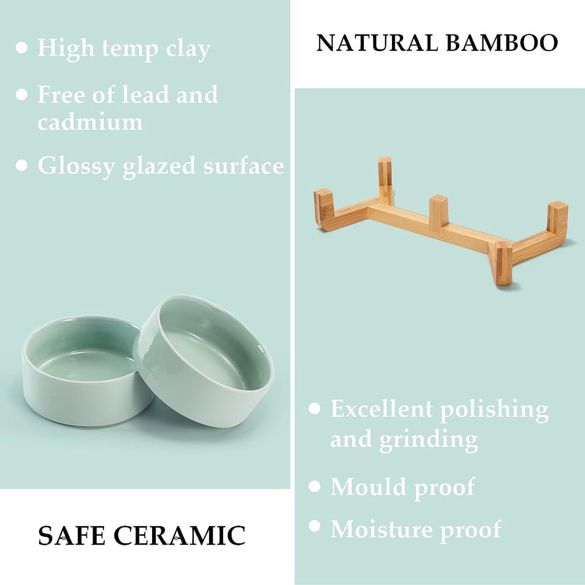 SPUNKYJUNKY Ceramic Dog and Cat Bowl Set with Wooden Stand, Modern Cute Weighted Food Water Set for