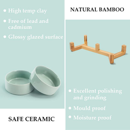 SPUNKYJUNKY Ceramic Dog and Cat Bowl Set with Wooden Stand, Modern Cute Weighted Food Water Set for