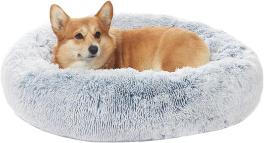 Bedfolks Calming Donut Dog Bed, 30 Inches Round Fluffy Dog Beds for Medium Dogs, Anti-Anxiety Plush