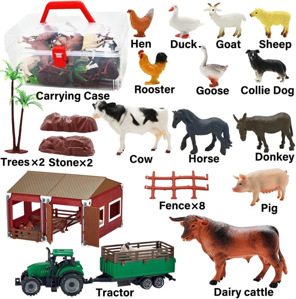 BOLZRA Mini Barn Playset, 66PCS Plastic Animals Figurines and Fence, Farm Figures Farmer Vehicle