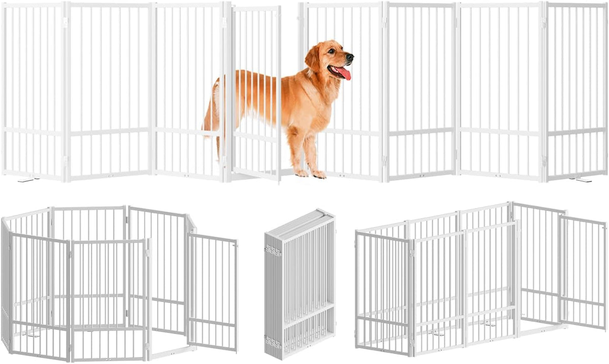 Full Metal Freestanding Dog Gate with Door, 32''Height Foldable Pet Dog Fence for Indoor & Outdoor