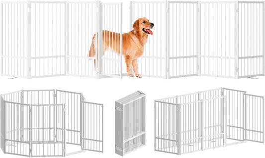 Full Metal Freestanding Dog Gate with Door, 32''Height Foldable Pet Dog Fence for Indoor & Outdoor
