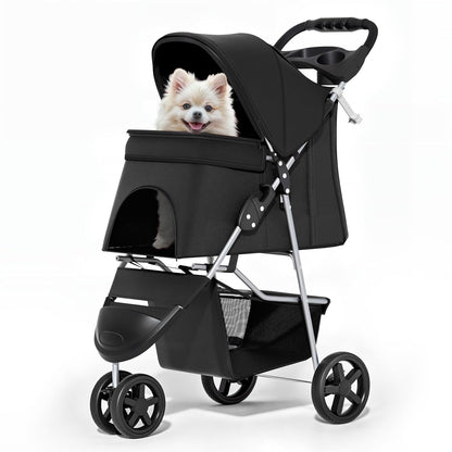 MoNiBloom Foldable Pet Stroller with Weather Cover, 3 Wheels Pet Strolling Cart for Small/Medium