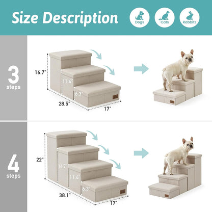 Dog Stairs with Storage, 4-Step Wider Sturdy Dog Steps for Small/Medium/Large Dogs and Older Cats