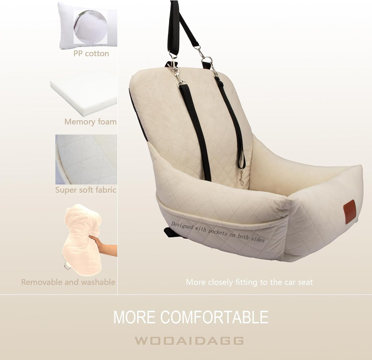 Dog Car Seat for Small Dogs,Ultra-Soft Fabric,2 Storage Pockets & Safety Leash,Adjustable