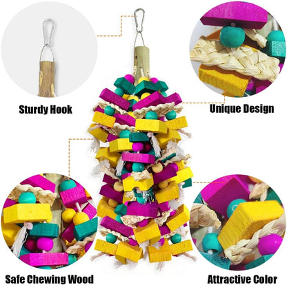 Large Bird Toys, Multi-Color Wooden Block with Bamboo Support Bird Chewing Toy Parrot Cage Bite Toy