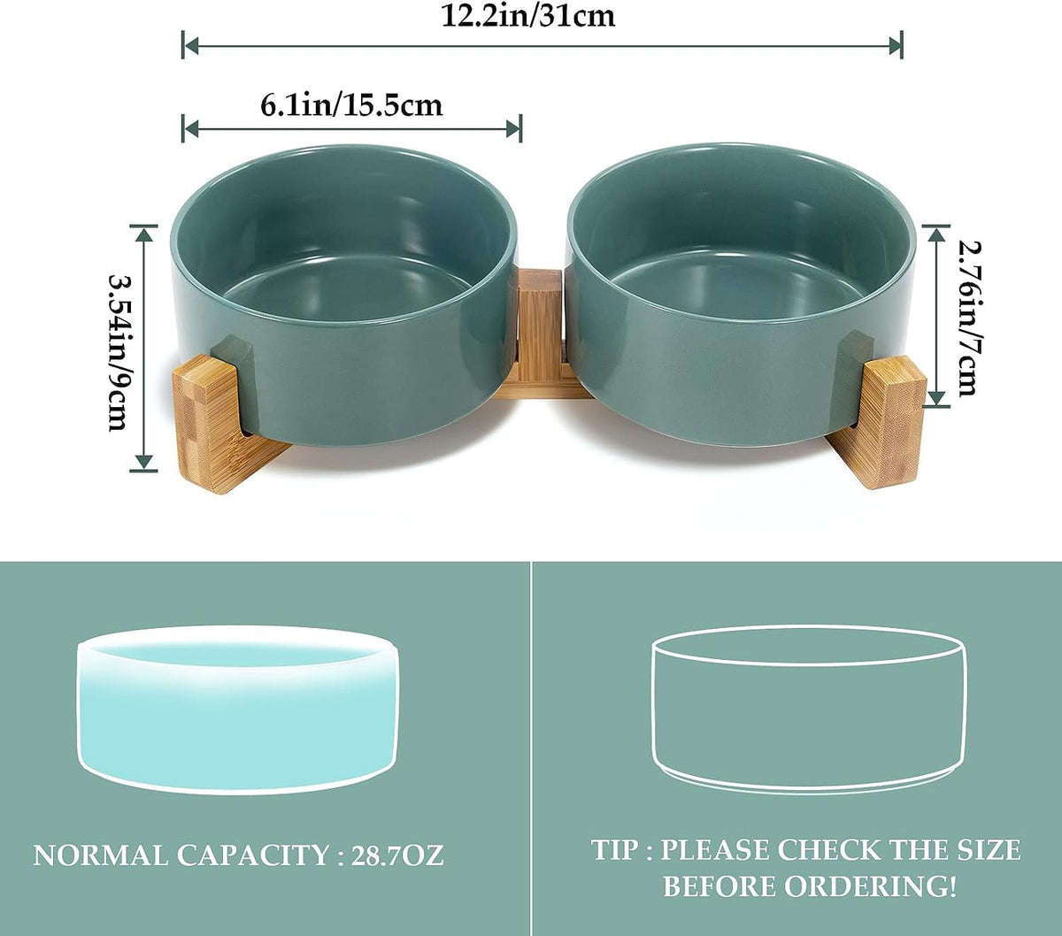 SPUNKYJUNKY Ceramic Dog and Cat Bowl Set with Wooden Stand, Modern Cute Weighted Food Water Set for