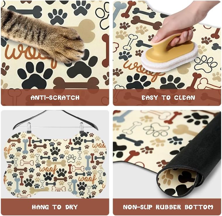 Dog Food Mats for Floors Waterproof, Pet Feeding Absorbent Water Bowl Mat Cat Placemats Beige Bone