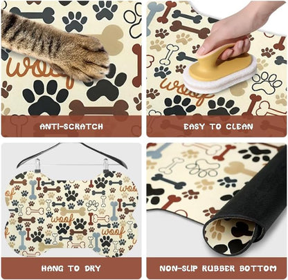 Dog Food Mats for Floors Waterproof, Pet Feeding Absorbent Water Bowl Mat Cat Placemats Beige Bone