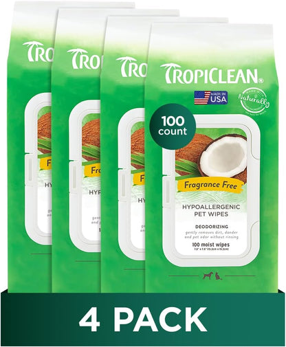 TropiClean Hypoallergenic Dog Wipes for Paws and Bottom | Fragrance Free Dog Grooming Wipes | Safe