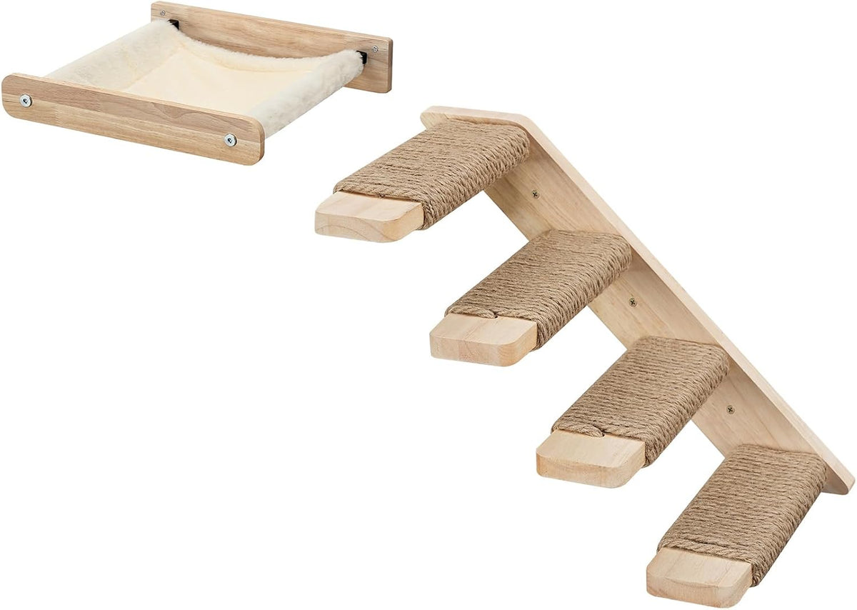 HOOBRO Cat Wall Shelf Set of 2, Wall Mounted 4-Level Cat Steps with Jute Scratching Steps, Hammock
