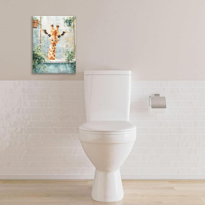 Bathroom Funny Giraffe Pictures Wall Art, Watercolor Giraffe Bathroom Wall Decor, Animal Framed