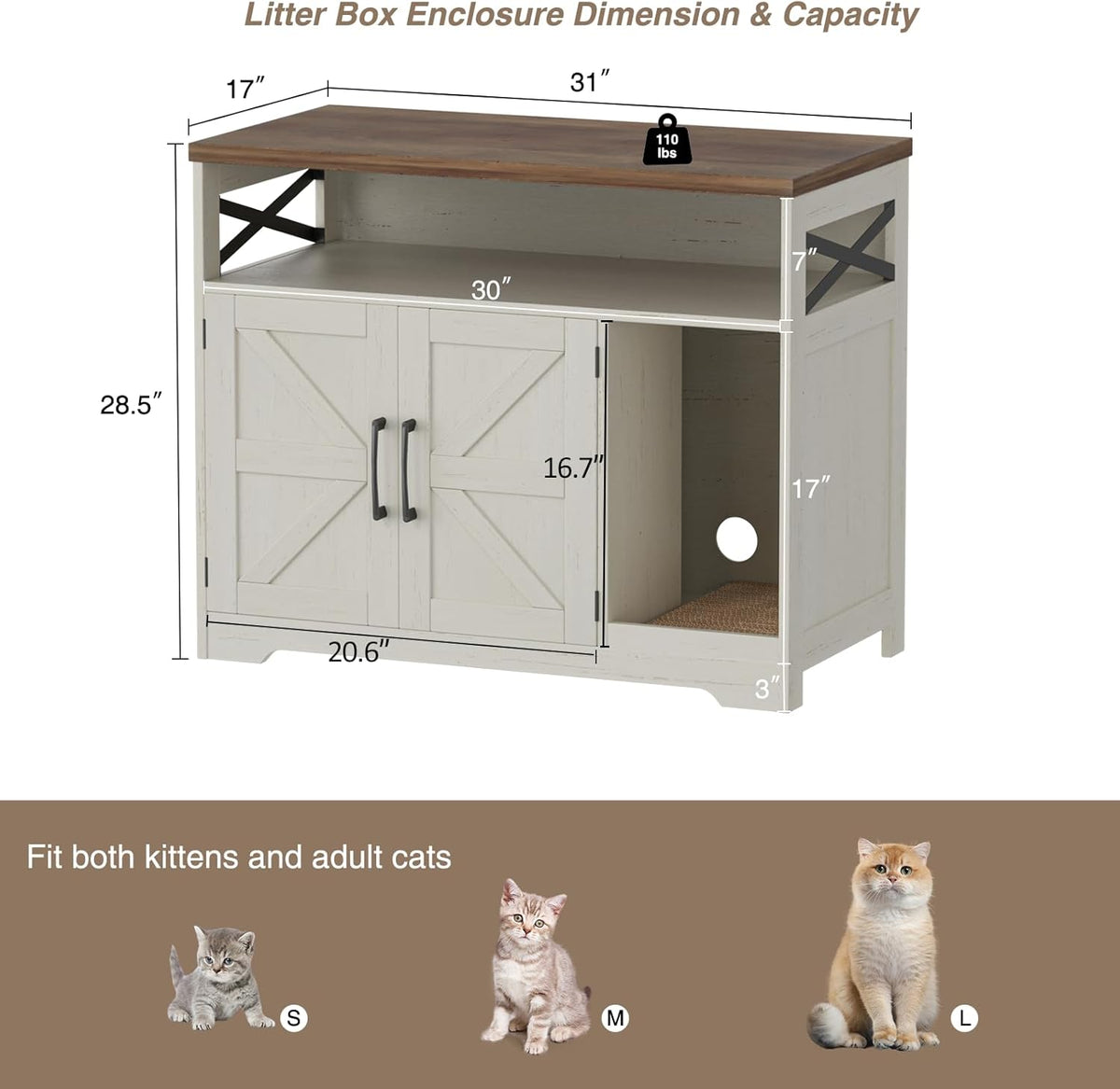 Cat Litter Box Enclosure, Hidden Litter Box Furniture with Scratch Pad, Farmhouse Indoor Cat House