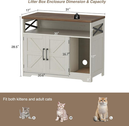 Cat Litter Box Enclosure, Hidden Litter Box Furniture with Scratch Pad, Farmhouse Indoor Cat House
