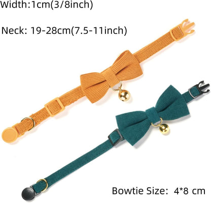 2 Pack Soft Corduroy Cat Collars with Bow Tie & Bell, Adjustable Breakaway Cotton Kitty Bowtie