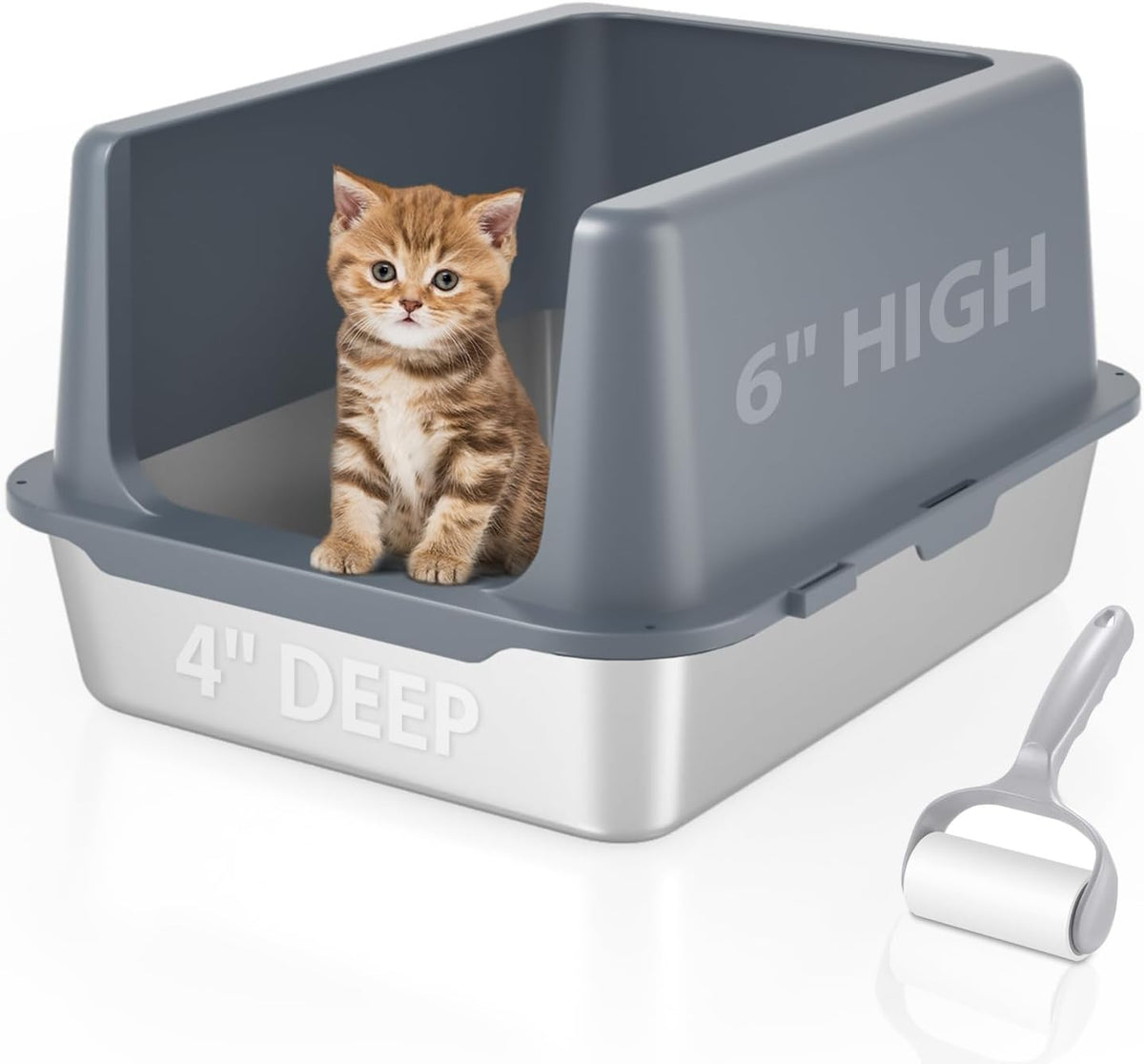 Litter Box with Lid, Stainless Steel Litter Box, 10" Metal Litter Tray High Sides, Small Litter Pan