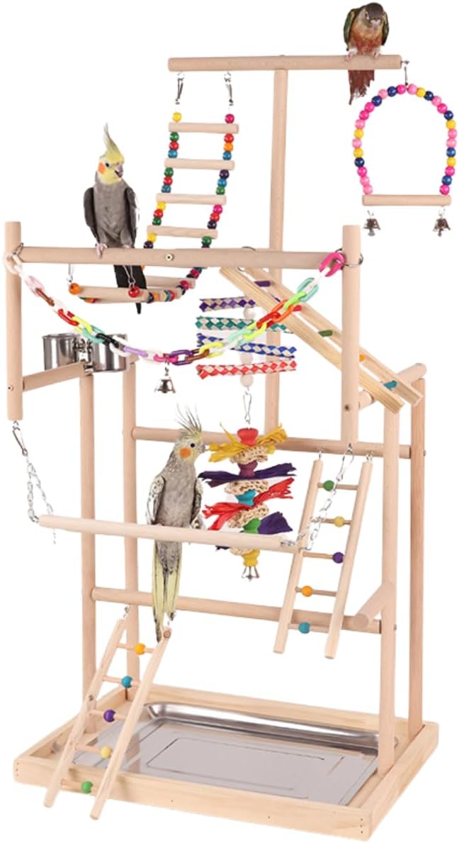 Bird Playstand Parrot Playground Wood Play Stand Gym Perch 4 Ladder Playgym with Exercise Toys