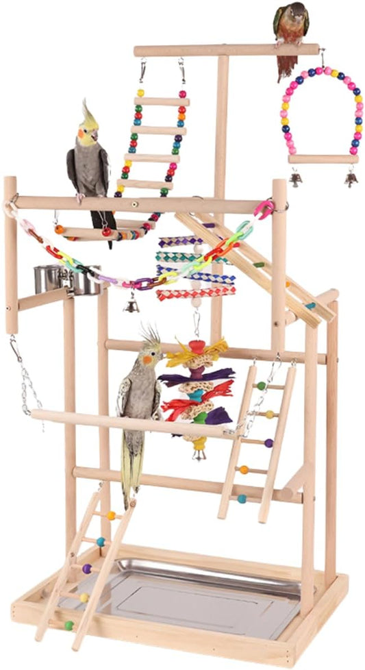 Bird Playstand Parrot Playground Wood Play Stand Gym Perch 4 Ladder Playgym with Exercise Toys