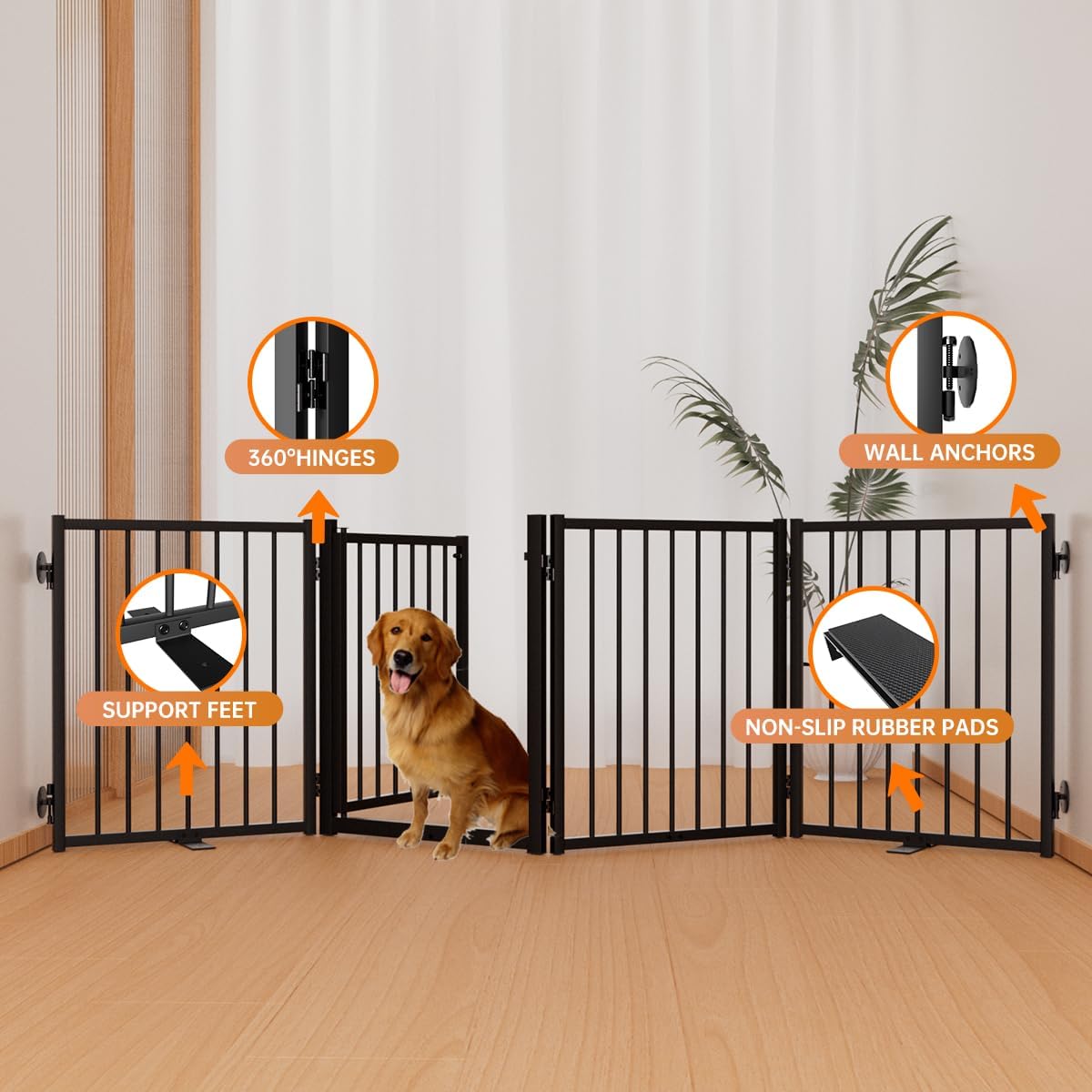 Full Metal Freestanding Dog Gate with Door, 24'' Height Foldable Pet Dog Fence for Indoor &