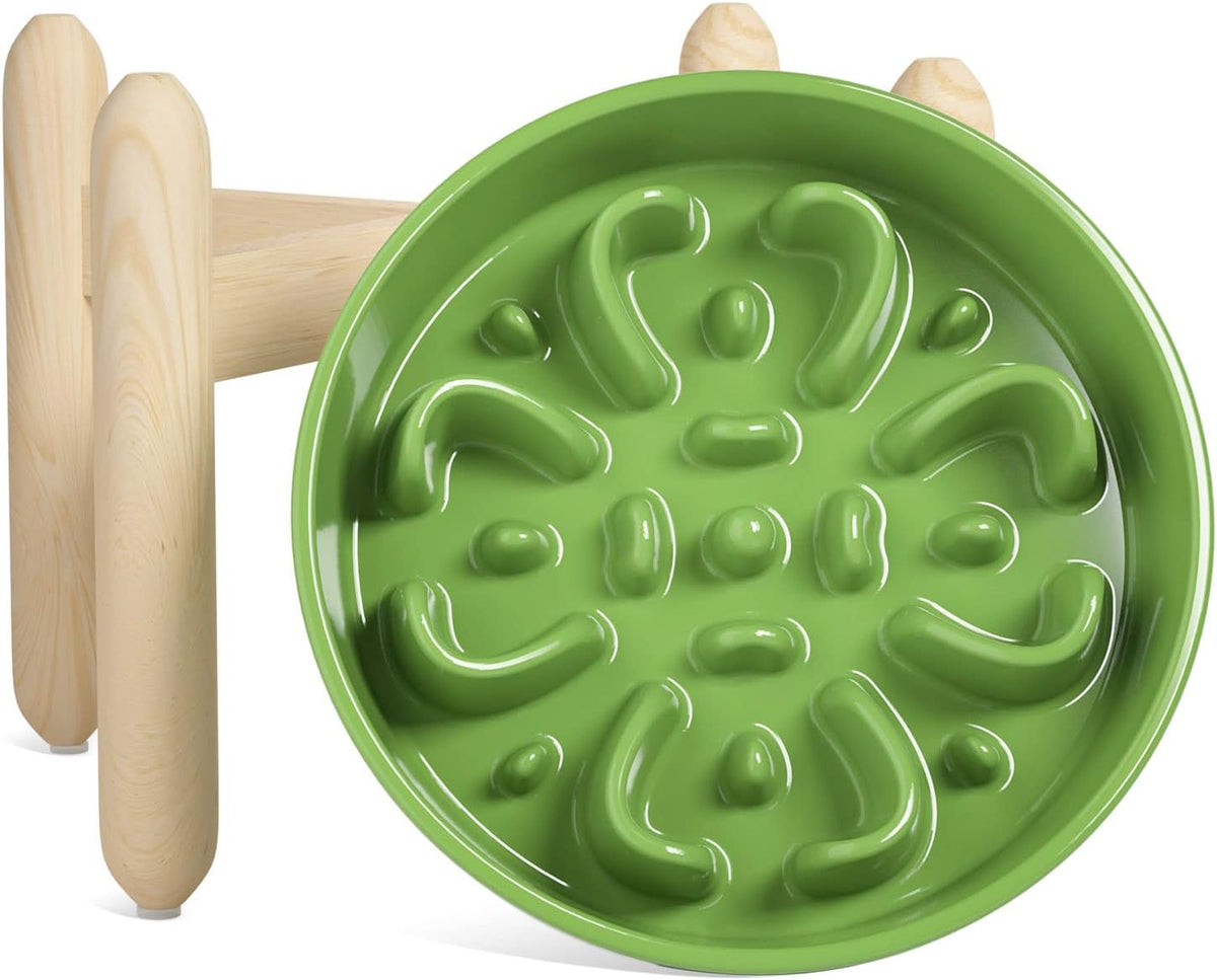 LE TAUCI Ceramic Slow Feeder Dog Bowls Elevated, 3 Cup Raised Bowl with Wooden Stand for Medium