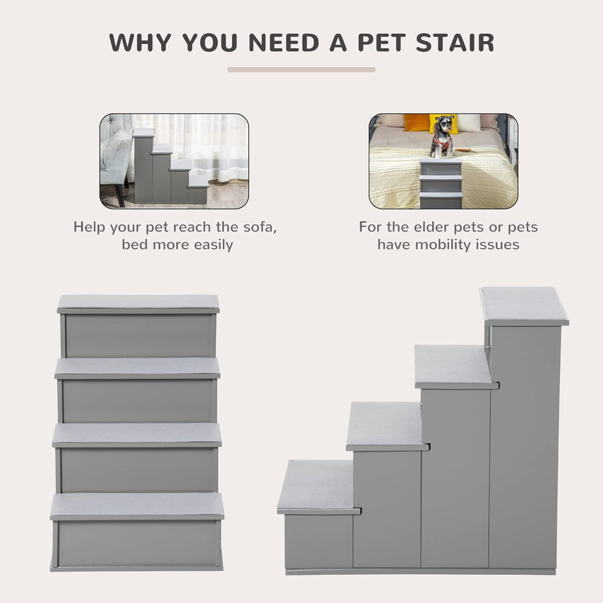 PawHut Pet Stairs, Small Pet Steps with Cushioned Removable Covering for Dogs and Cats Up to 22
