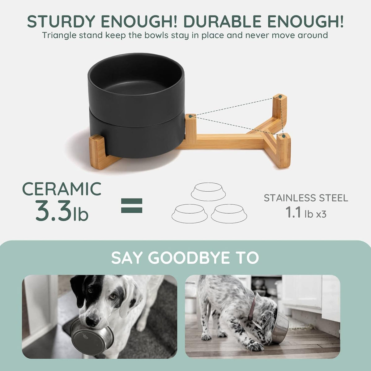 SPUNKYJUNKY Ceramic Dog and Cat Bowl Set with Wooden Stand, Modern Cute Weighted Food Water Set for