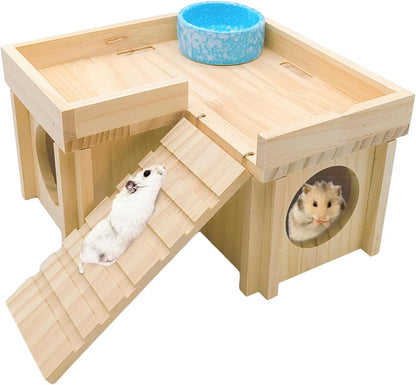 Wooden Hamster Hideout Hamster Wood House with Ladder Hides Platform Decor Detachable Small Animals