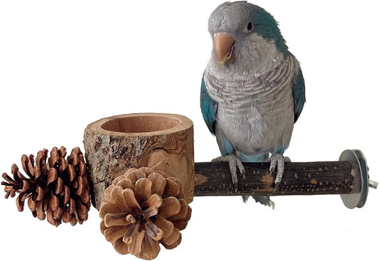 Bird Perch with Safe Bowl Wood & Pinecones - Bird Toys Chew Toys 100% Natural & Durable for