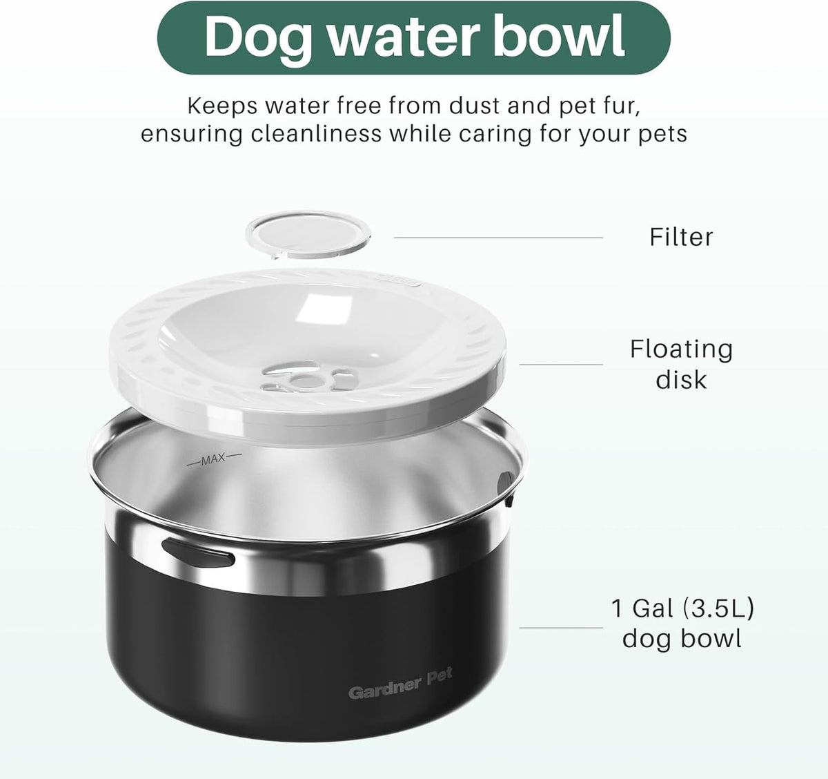 Gardner Pet Dog Bowls 1 Gallon (3.85L) Stainless Steel No Spill Dog Water Bowl, Slow Water Feeder