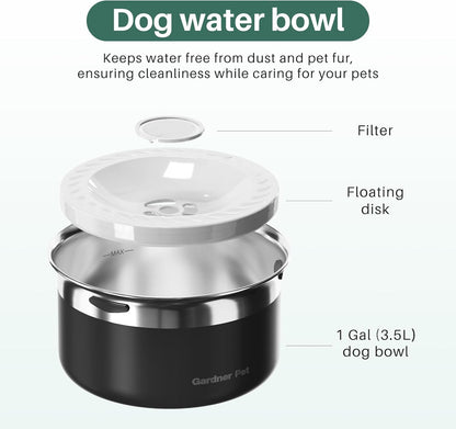 Gardner Pet Dog Bowls 1 Gallon (3.85L) Stainless Steel No Spill Dog Water Bowl, Slow Water Feeder
