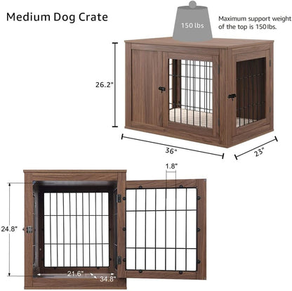 unipaws 36 Inch Furniture Style Dog Crate End Table with Cushion, Wooden Wire Pet Kennels with