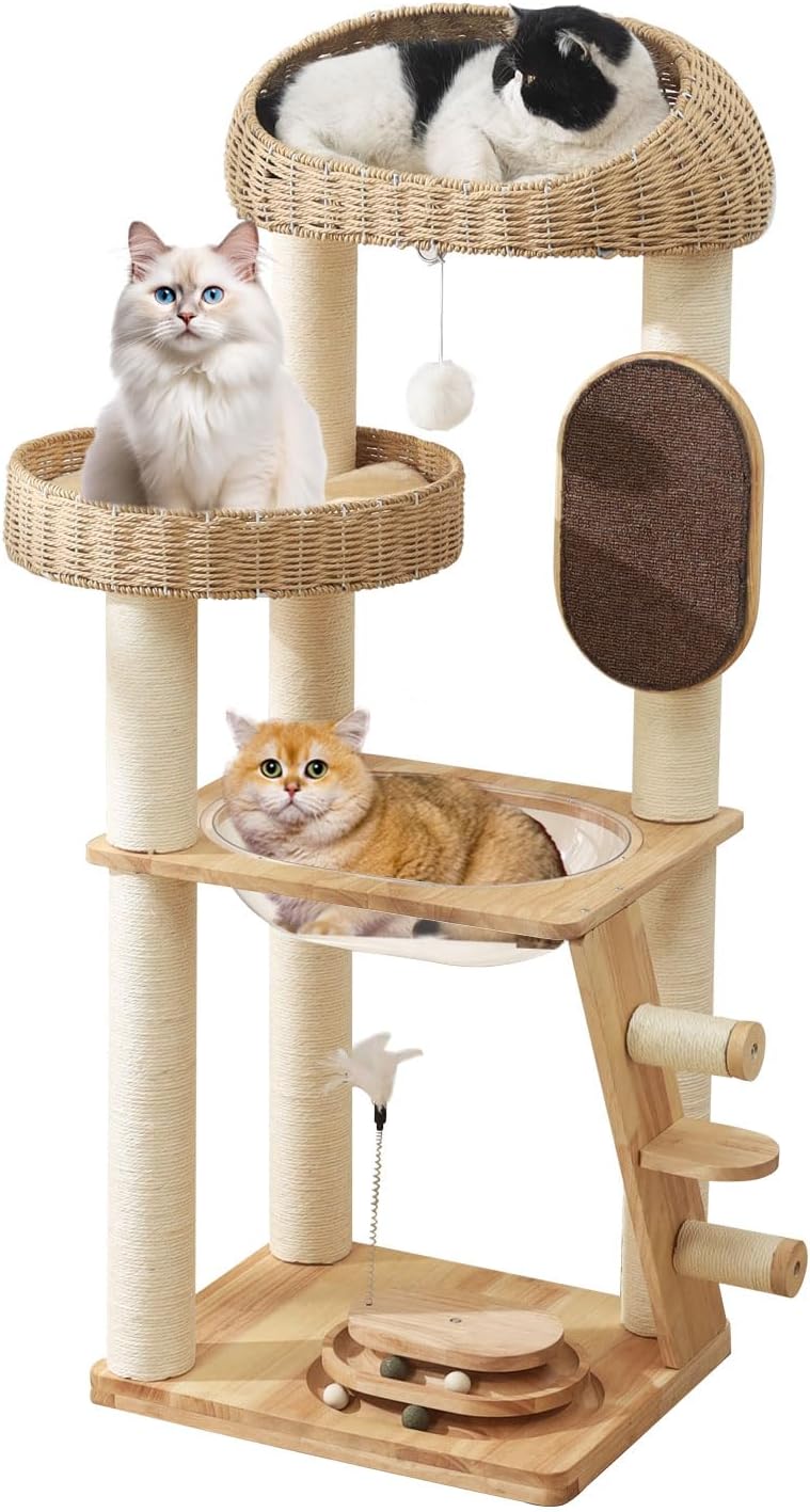 Solid Wood Cat Tree, 50 Inch Modern Cat Tower with Space Capsule, Hand-Woven Basket Nest, Sisal