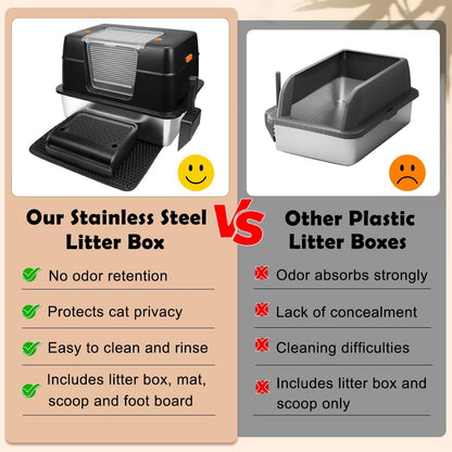 Vivifying Stainless Steel Litter Box, XL Side Entry Extra Large Litter Box with Lid for Big Cats &