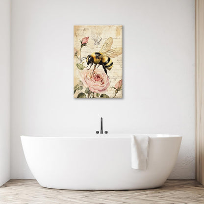 Rustic Bee Bathroom Pictures Wall Art, Vintage Floral Bathroom Wall Decor, Pink Rose Flower Framed