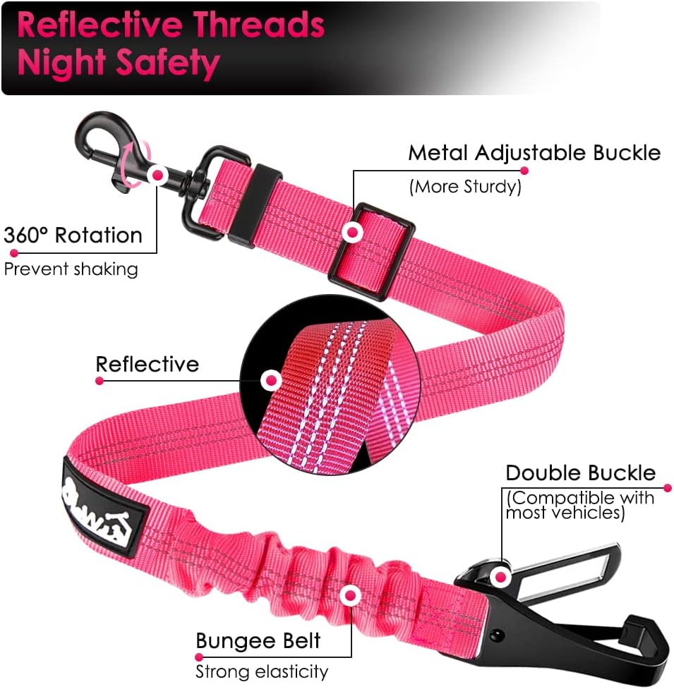 SlowTon 2 Pack Dog Seat Belt, 2 in 1 Attachment, Hook Latch Bar or Seatbelt Buckle with Elastic